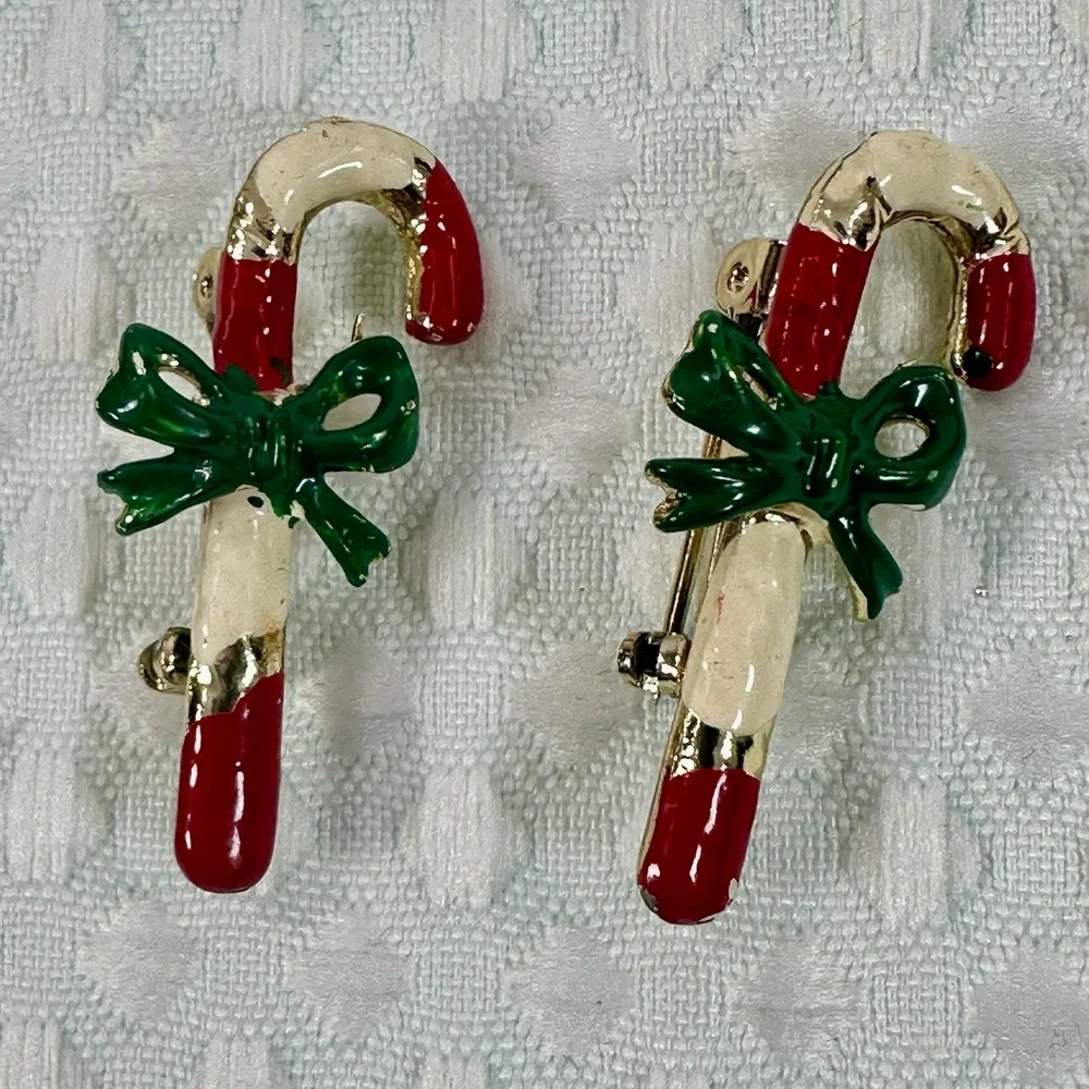 Christmas Holiday Brooch Pin Set Poinsettia Candy Cane Tree‎ Rhinestone Festive